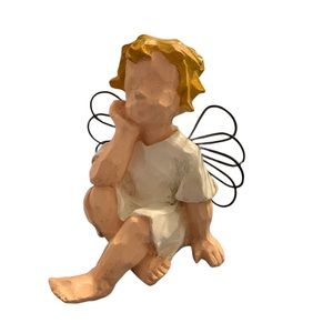 3” tall Sitting Sweet Angel Boy With Wire Wings Blonde Hair Thinking Of You